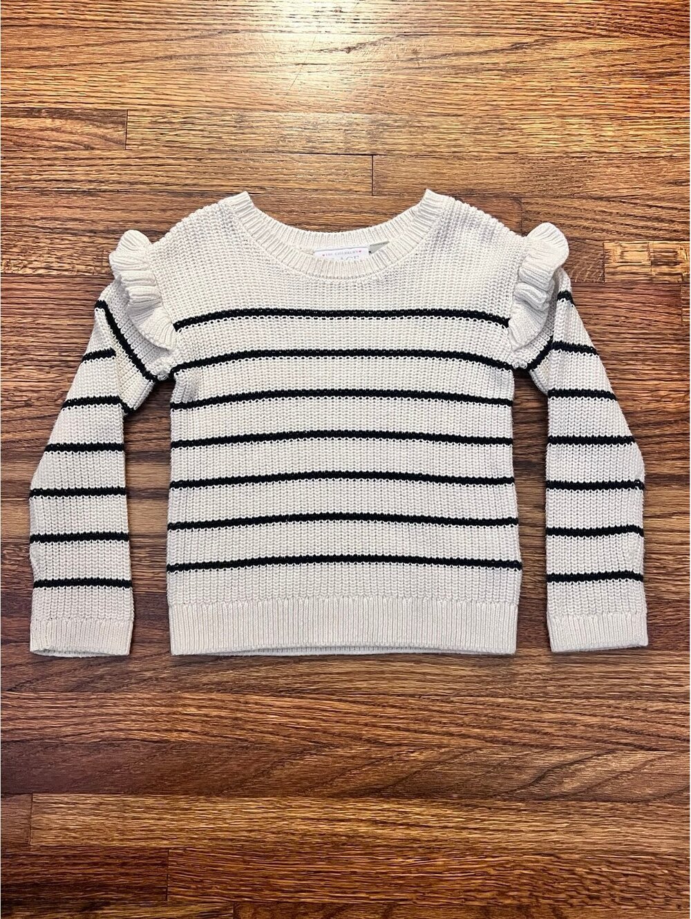 TCP Toddler Girls Long Sleeve Ruffle Sweater; White & Black Striped (3T)